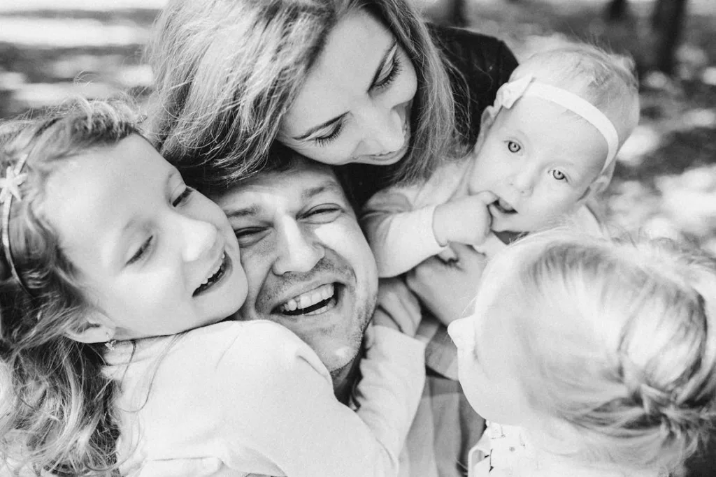 A monochrome picture of a family