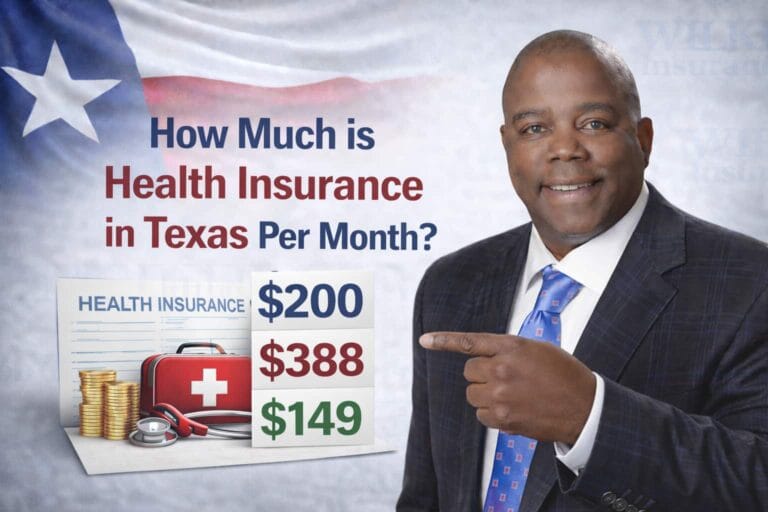 Wilkerson Insurance Agency feature image asking "How Much is Health Insurance in Texas Per Month?" with the company owner pointing to a $388 figure, alongside health insurance icons and Texas-themed visuals with a subtle agency logo watermark.