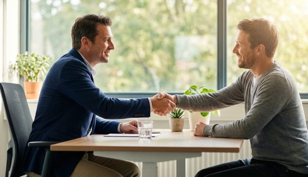 Health Insurance broker in Dallas discussing policies with a client.