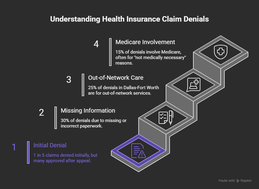 Infographic showing health insurance claim denial statistics in Texas and Dallas–Fort Worth, including common causes like paperwork errors, out-of-network care, and Medicare denials.