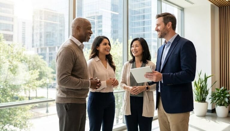 A professional insurance broker explaining work insurance plan benefits to a group of employees in a modern Dallas office.