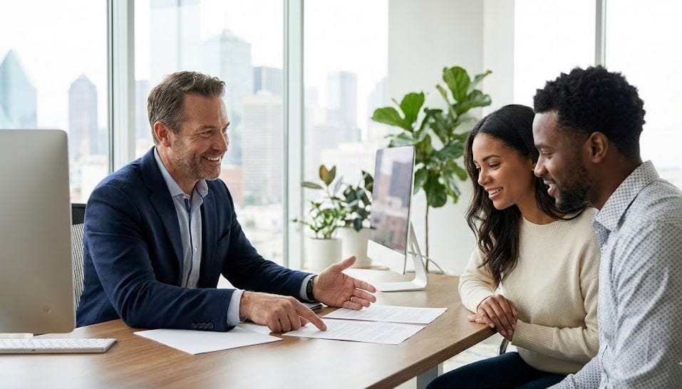 A professional insurance broker at Wilkerson Insurance Agency helping a couple with their health insurance claim appeal in a modern office.