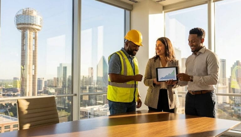 Three diverse Texas small business owners in a Dallas office discussing affordable health insurance options on a tablet with the city skyline in the background.