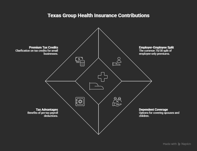 Infographic explaining how employees typically pay toward group health insurance in Texas, showing a common 70/30 employer-employee premium split, dependent coverage options, and key tax considerations.