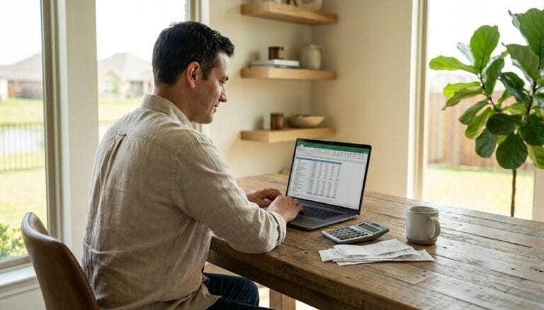A homeowner in Farmers Branch, Texas, using a laptop to compare HSA and FSA contribution limits and tax benefits for the plan this year.
