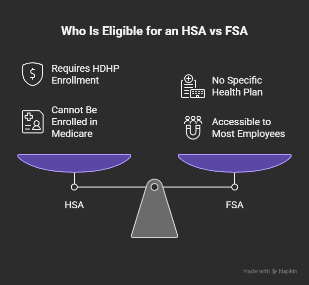 Infographic explaining eligibility requirements for HSA vs FSA, including HDHP requirements for HSAs and employer-sponsored access for FSAs.