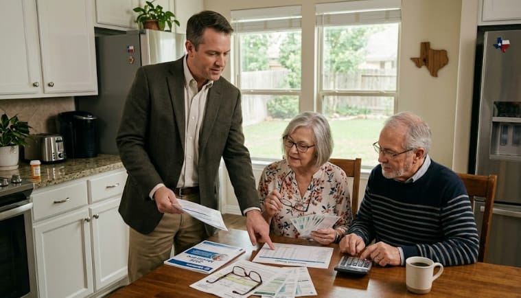 Texas insurance advisor helping a senior couple review Medicare supplement costs at home.