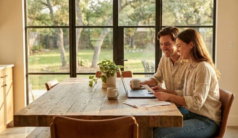 A relieved couple in Farmers Branch, Texas, reviewing health insurance options on a laptop after missing the open enrollment deadline.