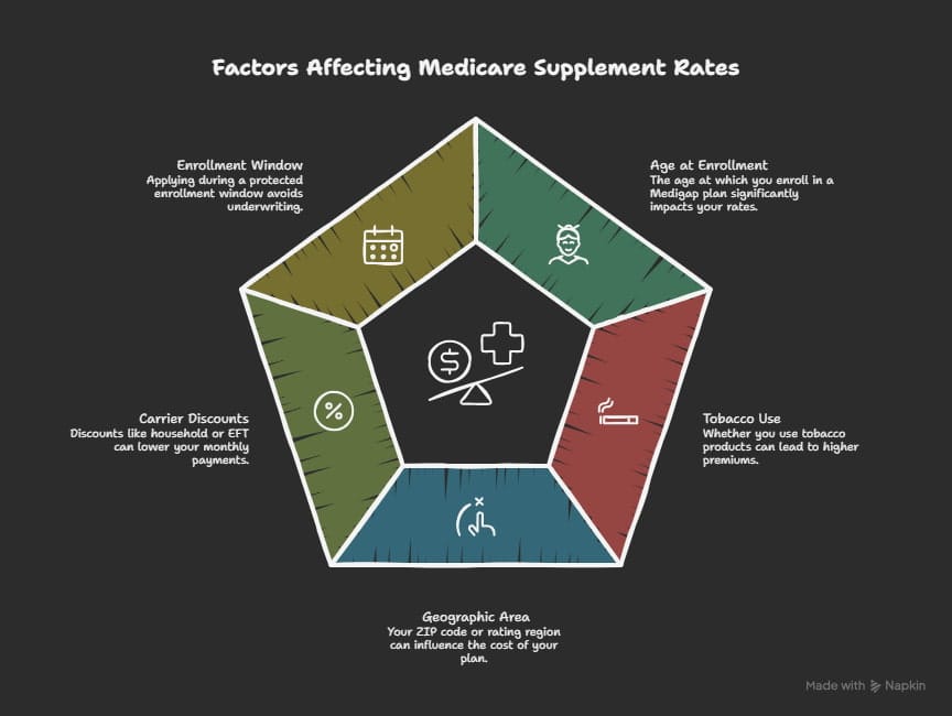 Infographic showing the personal factors that most affect Medicare Supplement rates in Texas, including age, tobacco use, location, carrier discounts, and protected enrollment timing.