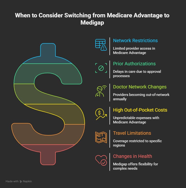 Infographic showing common signs it may be time to switch from Medicare Advantage to Medigap, including network limits, prior authorizations, and rising out-of-pocket costs.
