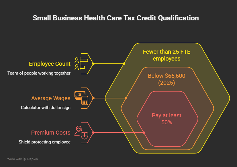 Infographic explaining the three requirements to qualify for the Small Business Health Care Tax Credit, including employee count, wage limits, and employer premium contributions.
