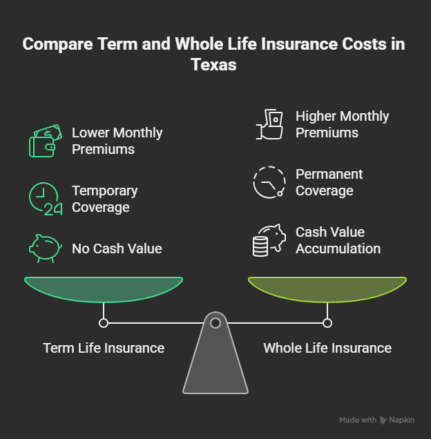 Infographic comparing term and whole life insurance costs in Texas, including average premiums by age and key factors that affect rates.