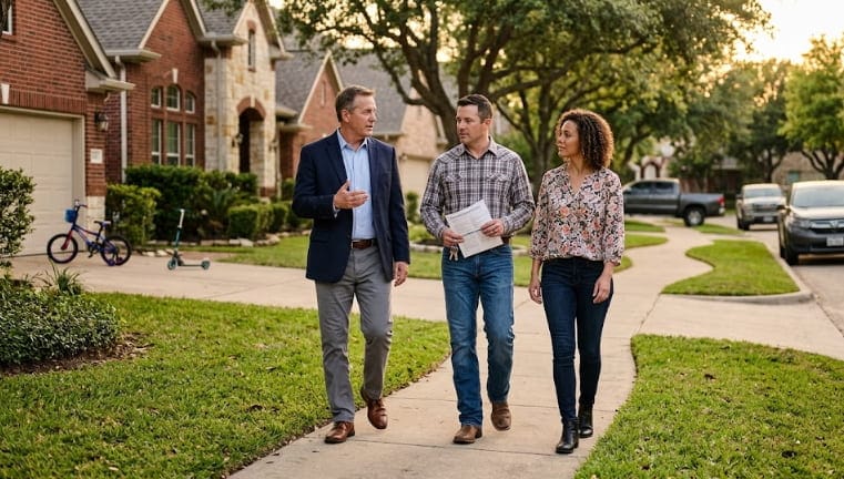 Texas insurance advisor discussing term and whole life insurance options with a couple in a suburban neighbourhood.