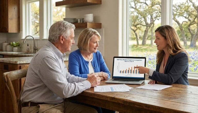 A senior couple and an advisor in a Texas home comparing 2026 Medicare Supplement Plan G and Plan N costs on a laptop screen.