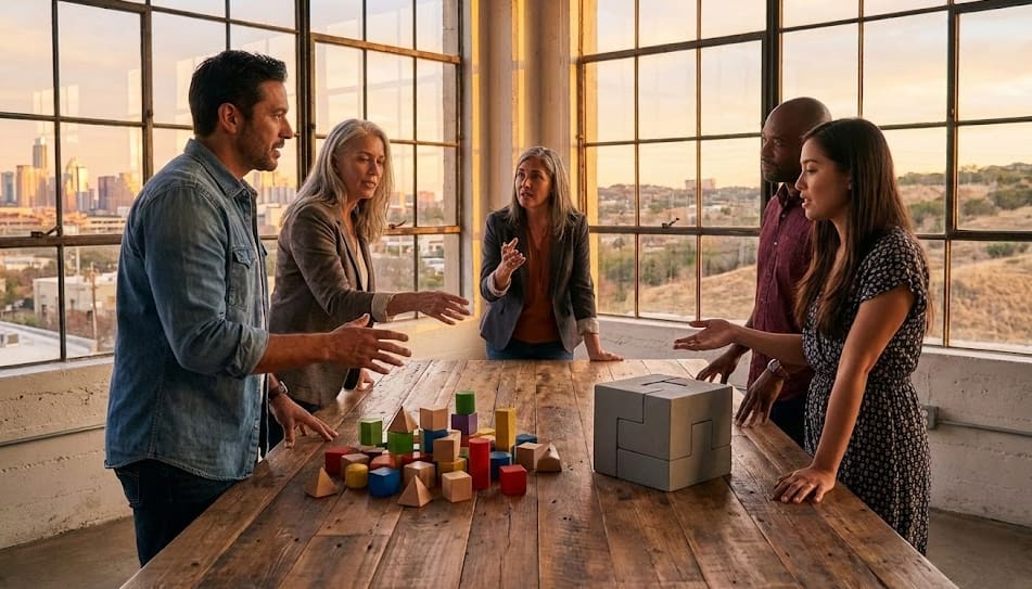 A diverse team in a Texas small business office evaluating two different visual models representing health insurance choices during sunset.