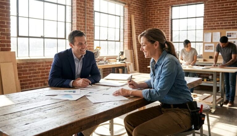A Texas small business owner and a financial advisor reviewing paperwork together in a sunlit office, smiling with relief regarding health insurance costs.