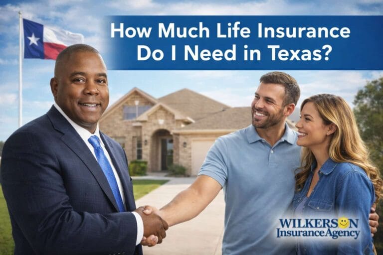 Wilkerson Insurance Agency representative shaking hands with a couple outside a Texas home, with the Texas flag in the background, highlighting life insurance services in Texas.