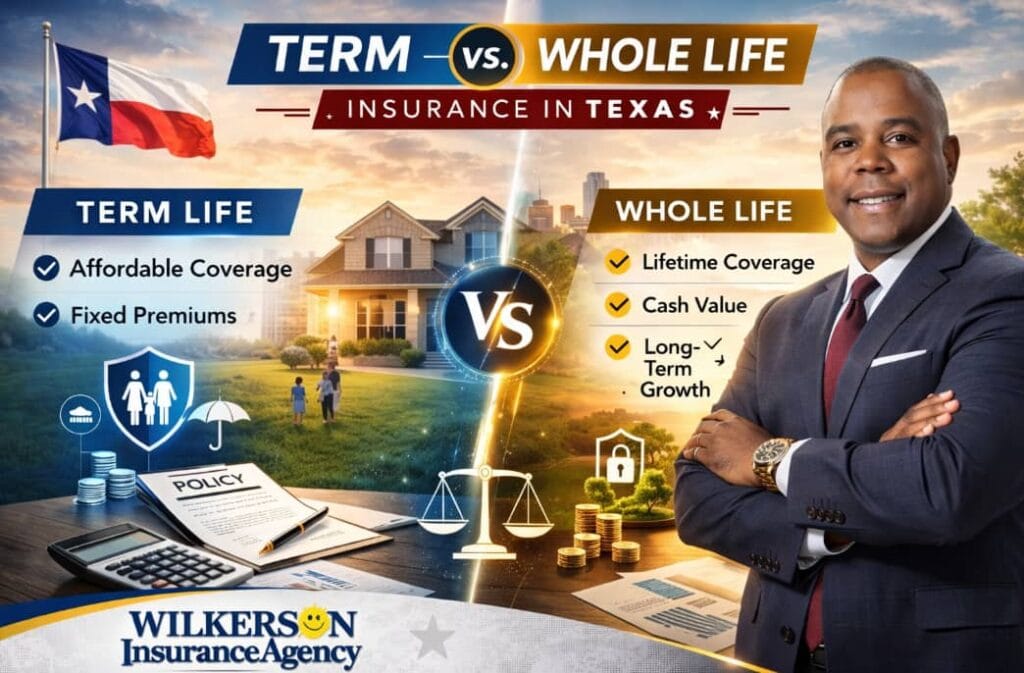 Wilkerson Insurance Agency owner, Bradley Wilkerson, standing confidently in a professional suit with a Texas-themed backdrop, showcasing the comparison between Term Life and Whole Life Insurance in Texas.