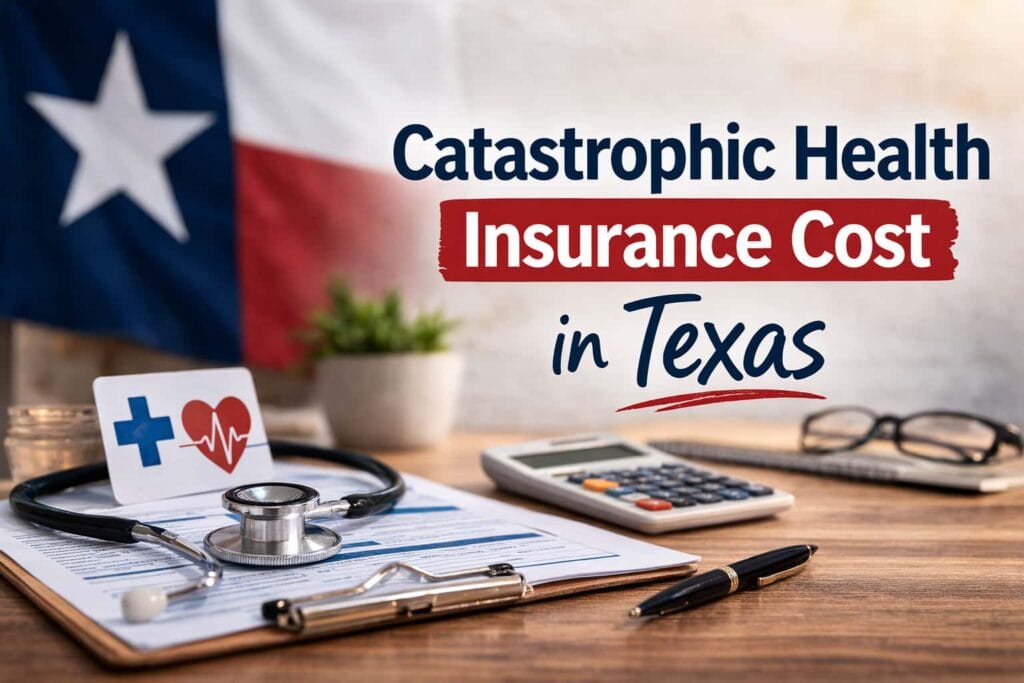 Catastrophic health insurance cost in Texas image showing a Texas-themed desk scene with medical forms, calculator, stethoscope, and insurance visuals.