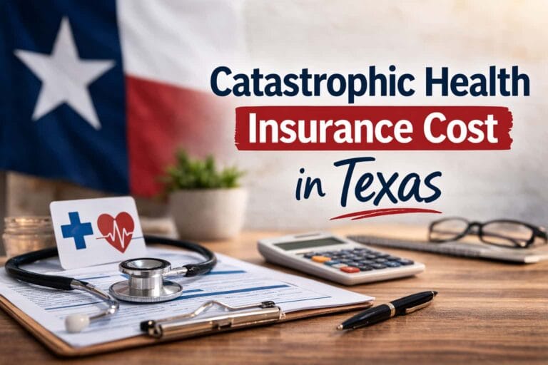 Catastrophic health insurance cost in Texas image showing a Texas-themed desk scene with medical forms, calculator, stethoscope, and insurance visuals.