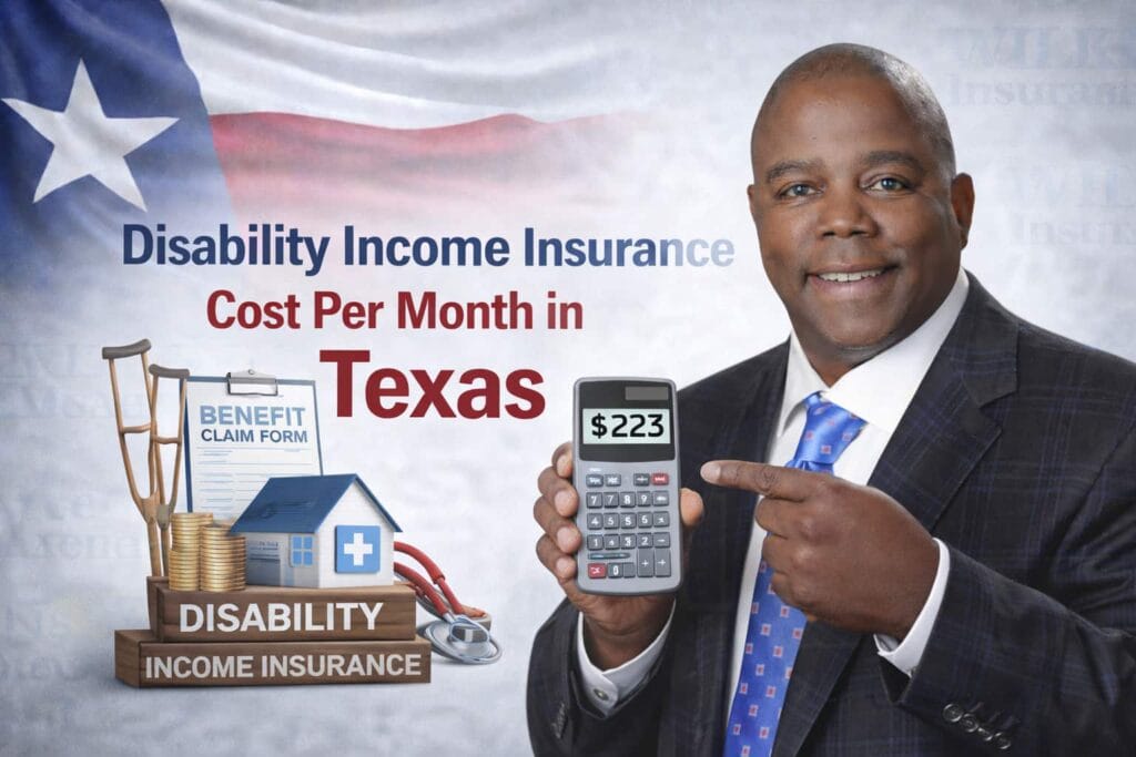 Wilkerson Insurance Agency feature image for disability income insurance cost per month in Texas, showing the company owner holding a calculator with Texas-themed insurance visuals and a subtle agency logo watermark in the background.