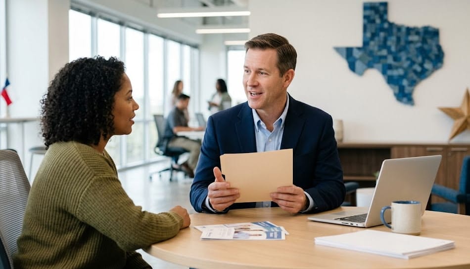 Texas health insurance advisor answering common coverage questions during a client consultation.