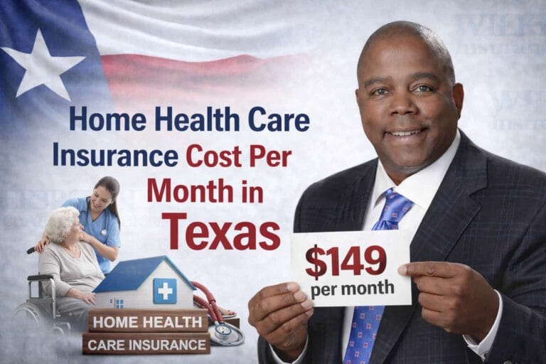 Wilkerson Insurance Agency feature image for home health care insurance cost per month in Texas, showing the company owner with Texas-themed healthcare and insurance visuals and a subtle agency logo watermark in the background.