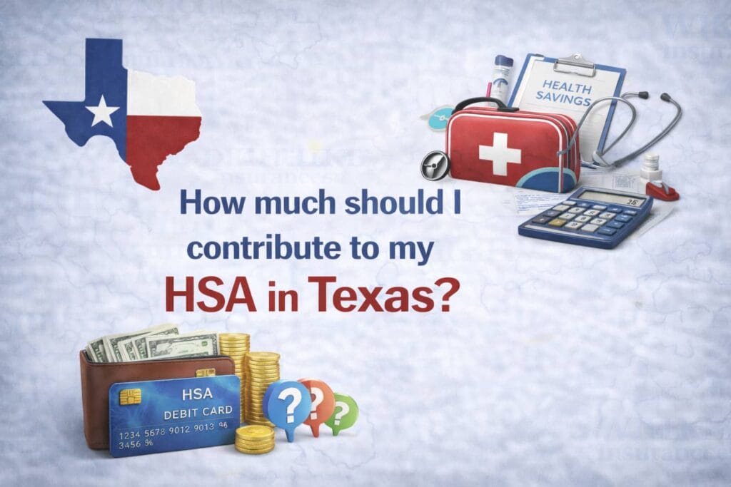 how much should I contribute to my HSA in Texas, showing HSA card, wallet, calculator, medical kit, coins, and Texas-themed financial visuals in a clean layout.