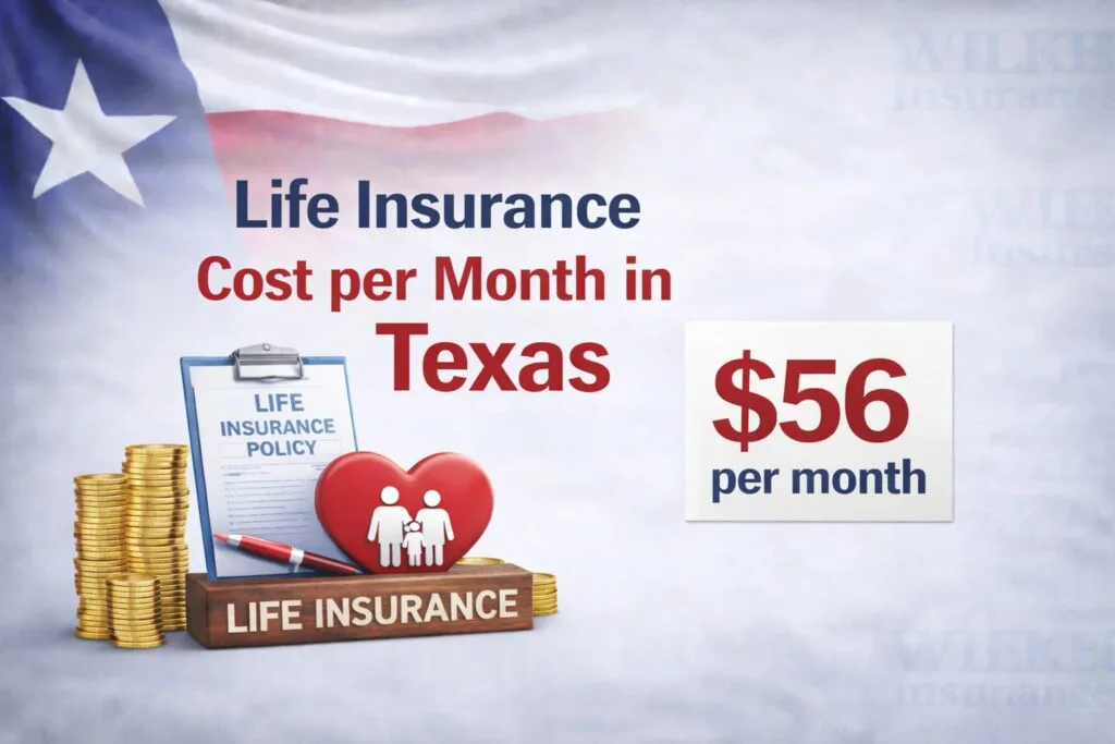 life insurance cost per month in Texas, showing Texas-themed life insurance visuals, a monthly cost graphic, and a subtle agency logo watermark in the background.