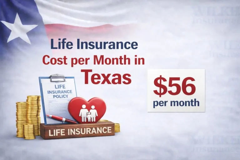 life insurance cost per month in Texas, showing Texas-themed life insurance visuals, a monthly cost graphic, and a subtle agency logo watermark in the background.