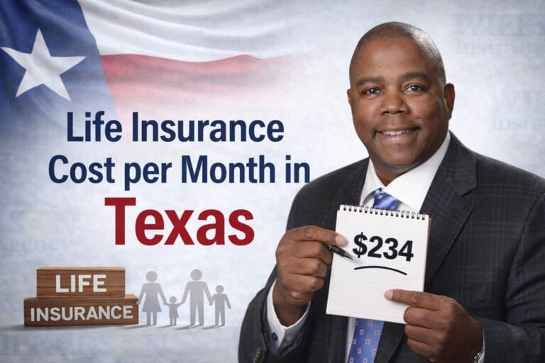 Wilkerson Insurance Agency feature image showing the company owner holding a notepad with a monthly life insurance cost figure, alongside the headline Life Insurance Cost per Month in Texas, with Texas-themed visuals and a subtle agency logo watermark in the background.