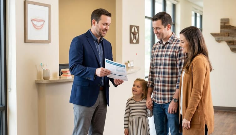 Texas insurance advisor explaining dental coverage options to a family in a welcoming office.