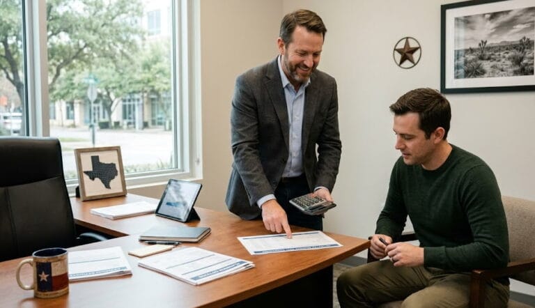 Texas insurance advisor reviewing disability income insurance premium estimates with a client in an office.