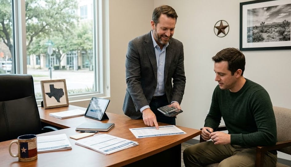 Texas insurance advisor reviewing disability income insurance premium estimates with a client in an office.