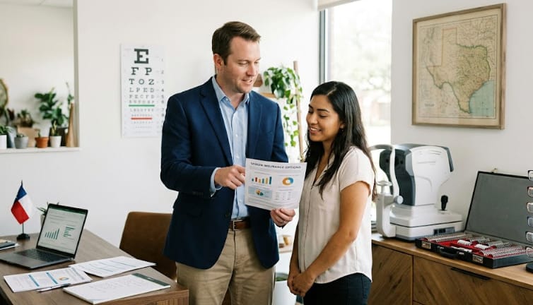 Texas insurance advisor discussing vision insurance options beside eye exam equipment in an office.