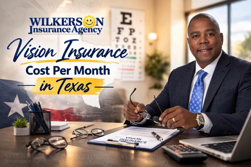 Wilkerson Insurance Agency owner in a Texas vision insurance cost per month graphic with eye chart and vision testing equipment.