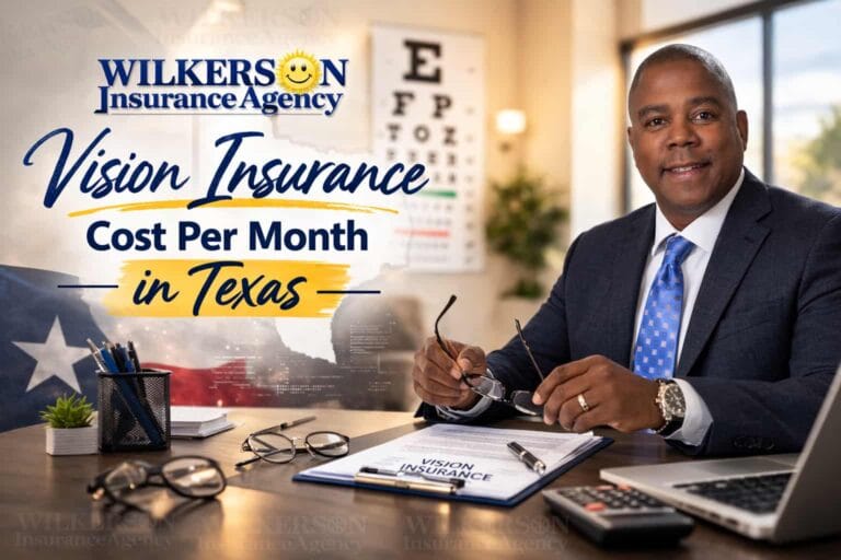 Wilkerson Insurance Agency owner in a Texas vision insurance cost per month graphic with eye chart and vision testing equipment.