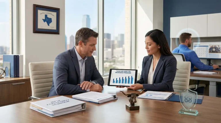 Insurance advisor reviewing business protection costs and policy documents with a client in a Texas office.