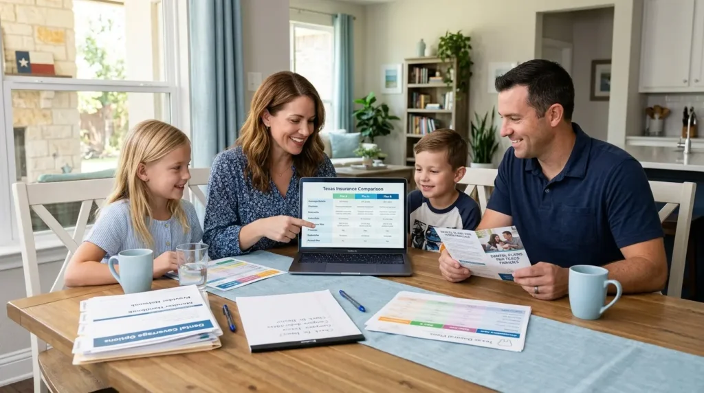 Insurance advisor showing Texas insurance premium data on a tablet while meeting with a business client in an office.