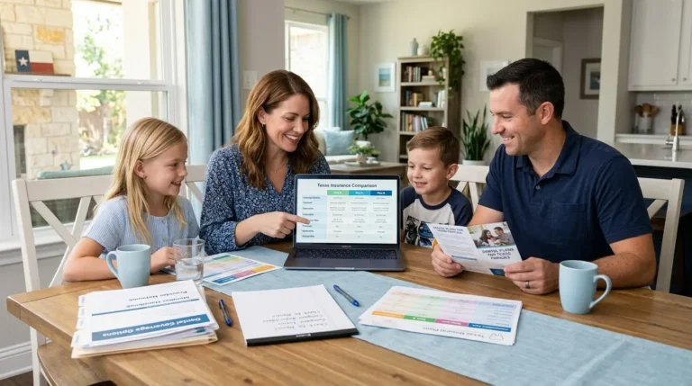 Insurance advisor showing Texas insurance premium data on a tablet while meeting with a business client in an office.