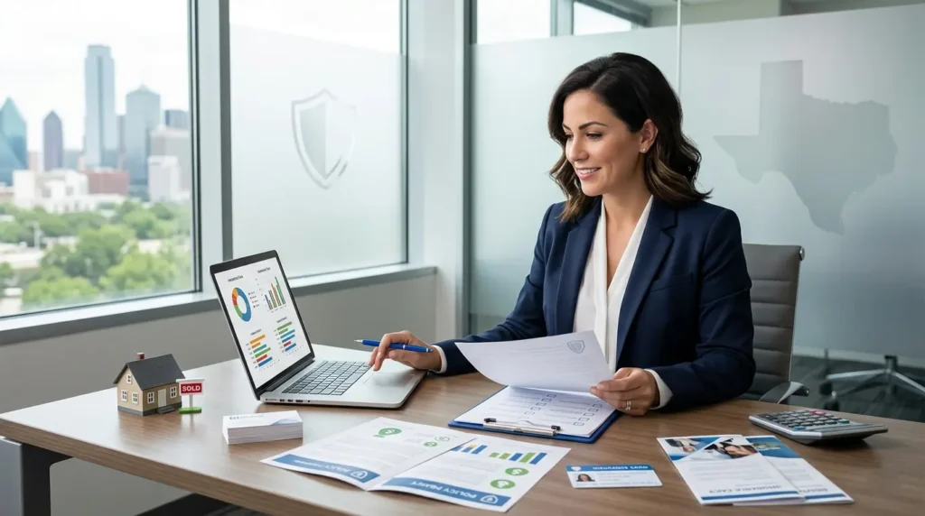 Real estate professional reviewing health insurance plans and policy documents at a desk in a Texas office.