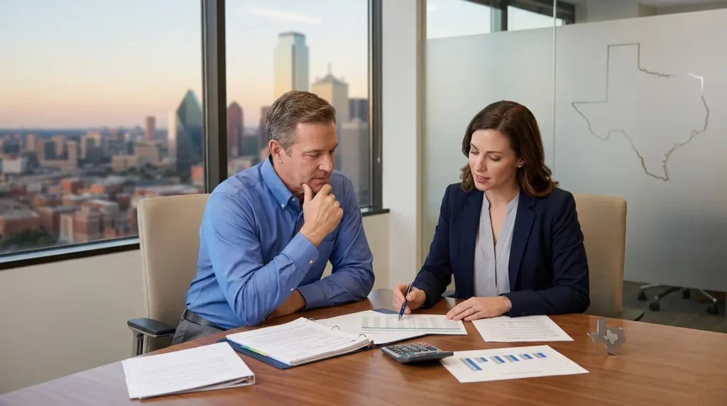 Business professionals discussing risk management and business protection during a boardroom meeting in Texas