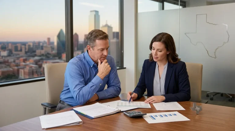 Business professionals discussing risk management and business protection during a boardroom meeting in Texas