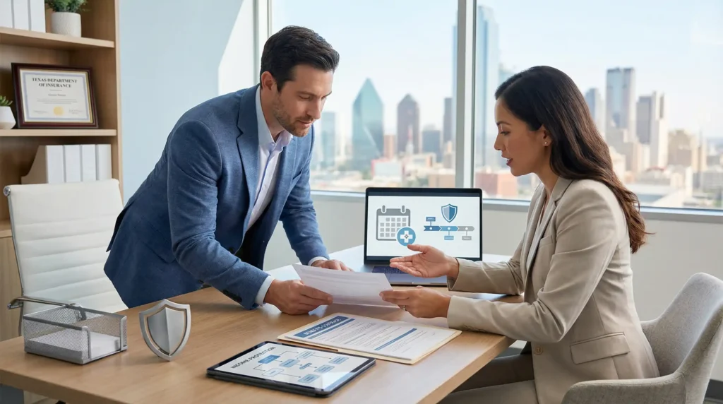 Insurance advisor reviewing short term and long term disability coverage documents with a client in a professional office.