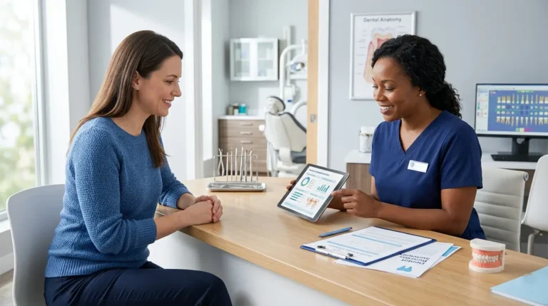 Dental office staff member explaining dental insurance benefits and treatment costs to a patient during a consultation.