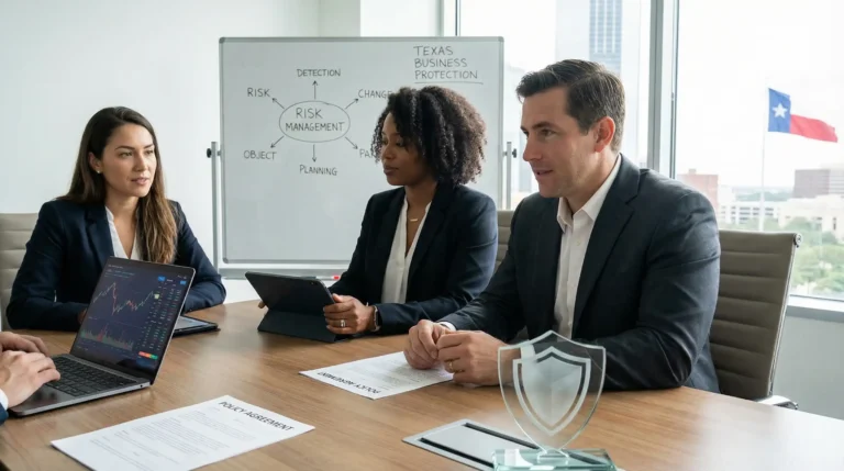 Business professionals discussing risk management and business protection during a boardroom meeting in Texas.