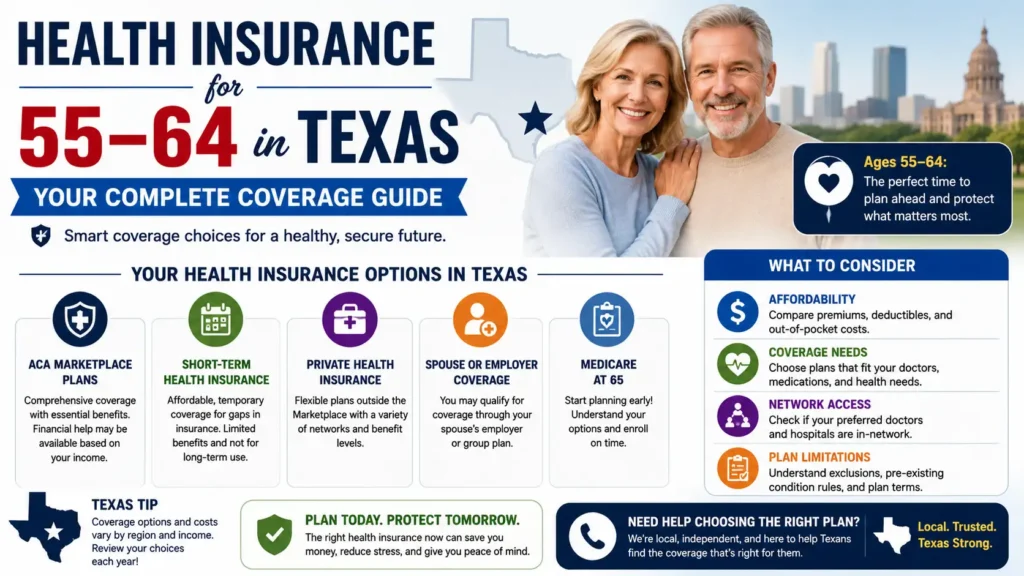 Health insurance coverage guide for adults ages 55 to 64 in Texas showing plan options, costs, and healthcare choices before Medicare eligibility.