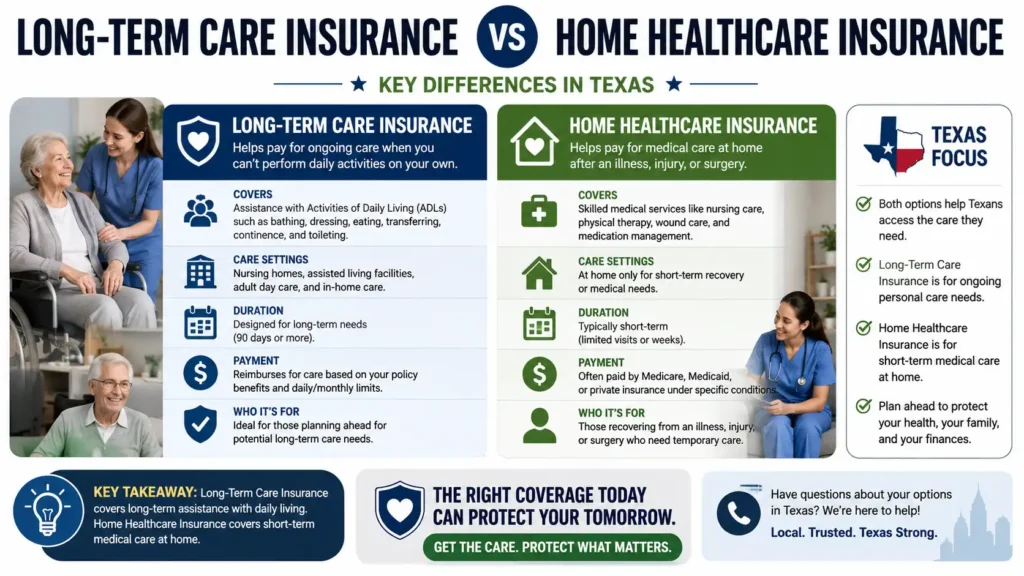 Comparison of long-term care insurance and home healthcare insurance in Texas showing key coverage differences for seniors and families.