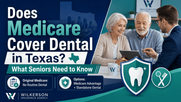 Senior couple reviewing Medicare dental coverage options in Texas with a licensed insurance advisor.