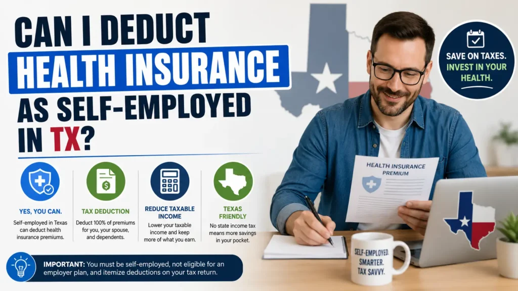 Self-employed man in Texas reviewing health insurance documents and tax deduction information for healthcare premium savings.